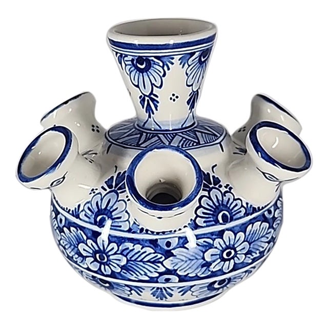 Vintage Delft Blue 7 Arms Sprout Hand Painted Tulip Ceramic Vase For Sale