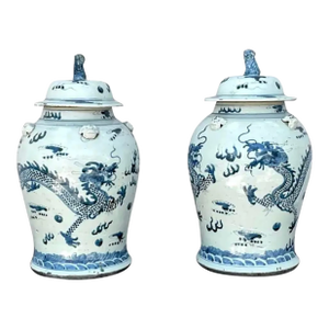 Chinese Blue and White Chinese Porcelain Jars With Lids - A Pair