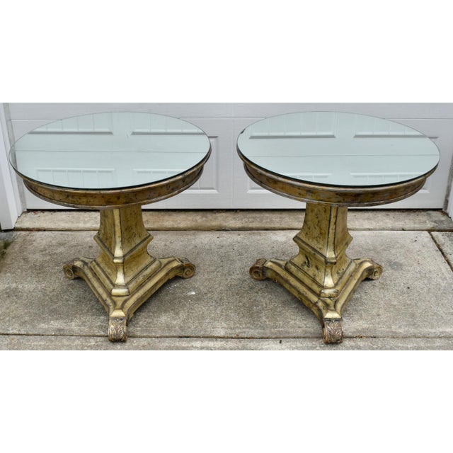 Wood Vtg. Pair Italian Regency Style Carved Wood Pedestal End Tables W/Mirrored Tops For Sale - Image 7 of 15