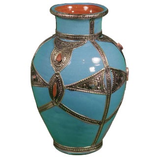Late 20th Century Blue & Silver Moroccan Ceramic Vase For Sale