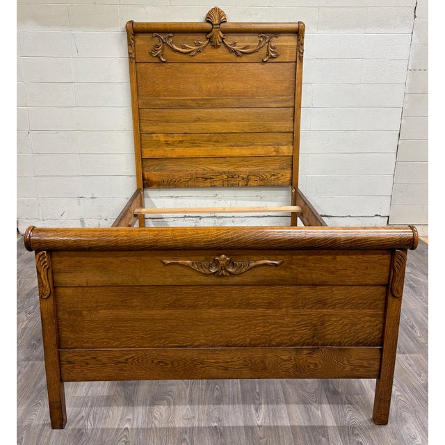 Victorian Antique Full Size Victorian Eastlake Carved Oak High Back Bed For Sale - Image 3 of 7