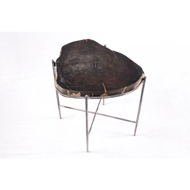 2020s Living Edge Petrified Wood Top W Iron Stand Accent Table or Side Table 45 For Sale - Image 5 of 5