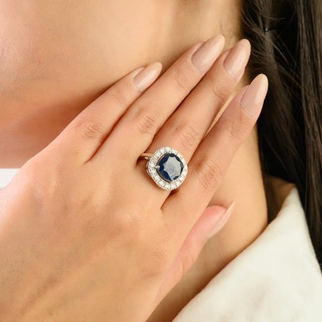 Ink Blue Princess Diana Inspired 4.36 Ct Blue Sapphire & Diamond Halo 14k Gold Ring Size 5.5 For Sale - Image 8 of 14