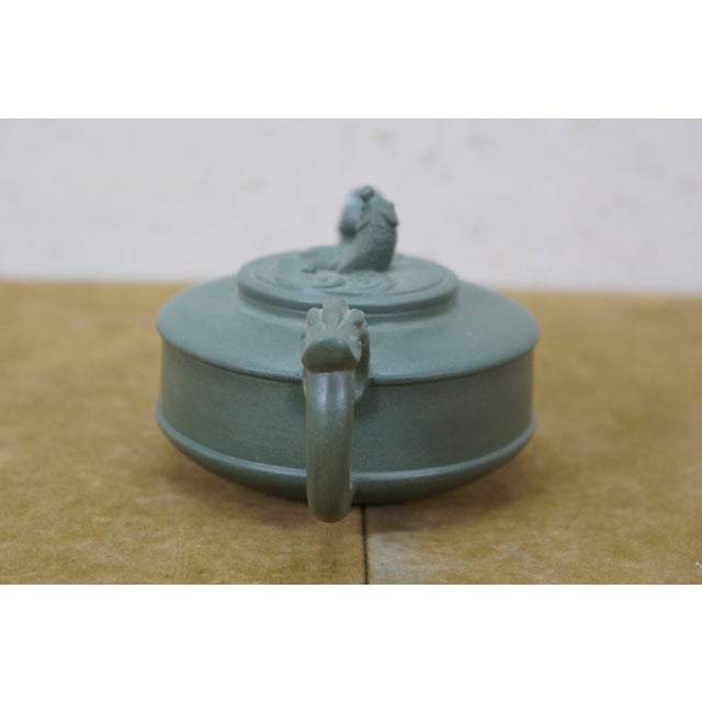 Vintage Chinese Yixing Zisha Green Clay Dragon Koi Fish Kung Fu Teapot 5.5" For Sale - Image 4 of 15