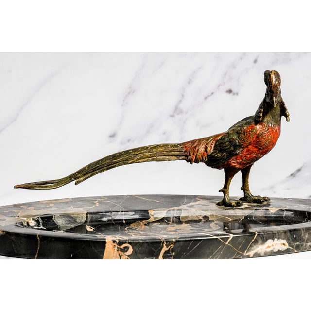 Impressive Antique Austrian Bronze Pheasant Sculpture Statue Black Veined Marble Desk Dresser Tray Catchall Art Deco Home Decor For Sale - Image 4 of 17