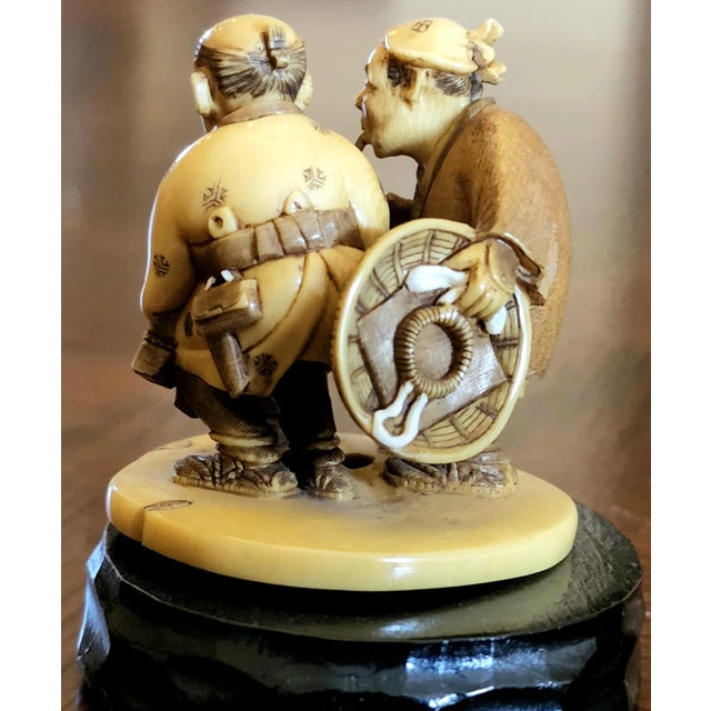 Bone Exquisite Hand Carved Netsuke Figurine of Two Men Travelers For Sale - Image 7 of 12