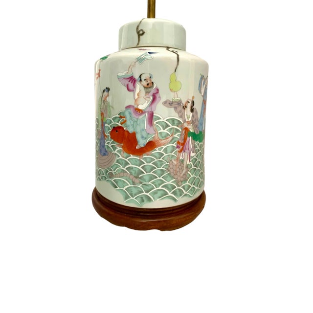 Mid 20th Century Mid 20th Century Lamp Porcelain Jar With Asian Folk Art the Immortal Eight Design on Wooden Base For Sale - Image 5 of 11