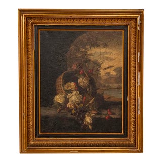 Original Oil on Canvas Still Life, Basket of Flowers Circa 1800's For Sale