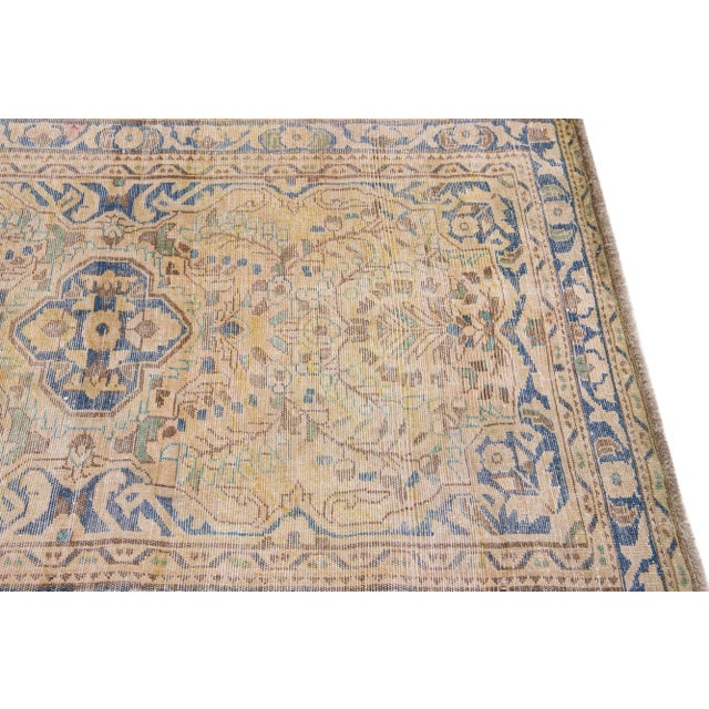 1960s Vintage Persian Distressed Handmade Medallion Beige Wool Rug For Sale In New York - Image 6 of 7