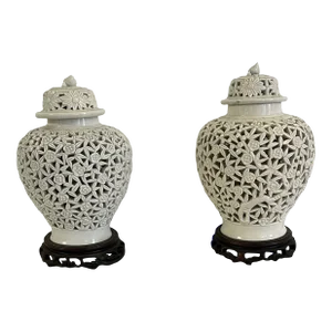 Pair 1950s White Porcelain Oriental Style Lidded Vases Mounted as Table Lamps