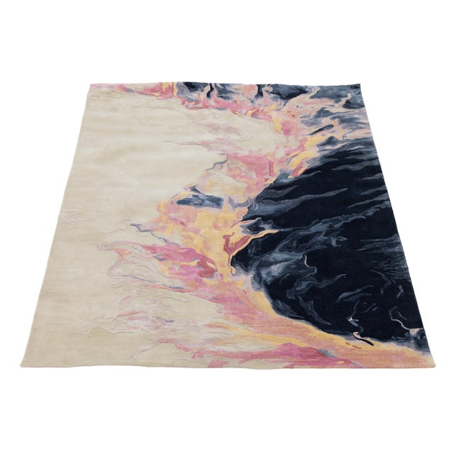 Abstract Abstract "Volcanic Ember" Modern Hand-Tufted Wool Rug – Navy, Pink, & Gold For Sale - Image 3 of 10