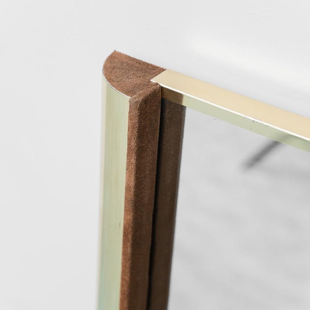 Larhge Rectangular Mirror with Brass and Suede Frame, 1970s For Sale - Image 6 of 11