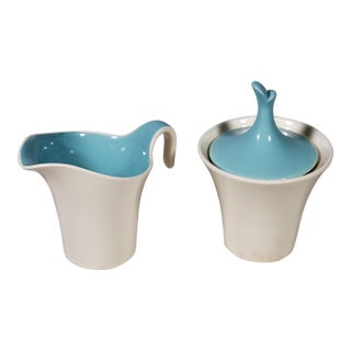 Vintage Original Mid-Century Modern Harkerware Sugar & Creamer With Lid in Scandia Turquoise Color For Sale