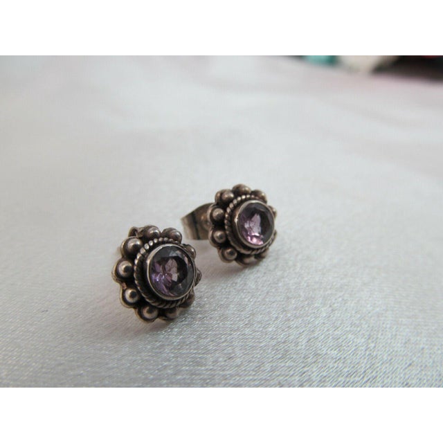 1950s Southwestern Amethyst and Sterling Petit Point Stud Earrings - 2 Pieces For Sale - Image 4 of 6