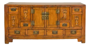 Late Qing Dynasty Elm Sideboard with Carved Floral Vases, Doors and Drawers