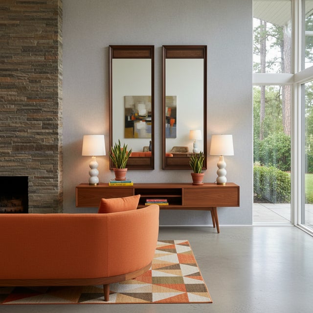 Pair of Large Mid-Century Modern Walnut and Cane Wall Mirrors by R-Way Furniture For Sale - Image 9 of 13