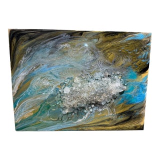 Abstract Blue and Gold Fluid Art Painting Crushed Glass Modern Wall Art For Sale