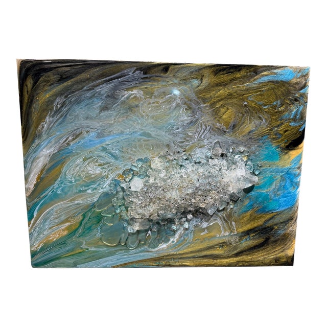 Abstract Blue and Gold Fluid Art Painting Crushed Glass Modern Wall Art For Sale