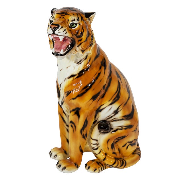 Ceramic Large Vintage Italian Hand Made Glazed Ceramic Tiger Sculpture, 1980s For Sale - Image 7 of 7