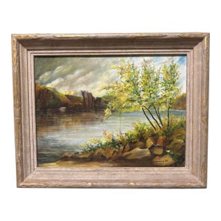 Vintage 1951 Framed Landscape Oil Painting by M. Daniels – River Canyon Scene For Sale