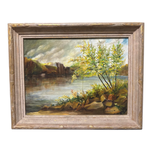 Vintage 1951 Framed Landscape Oil Painting by M. Daniels – River Canyon Scene