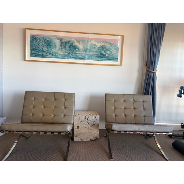 Pair of authentic Kroll Barcelona chairs by Mies Van Der Rohe, in fair condition with a few scratches and cracks and some...