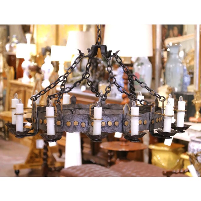 Early 20th Century French Gothic Twelve-Light Iron Chandelier With Gilt Accents For Sale - Image 4 of 11