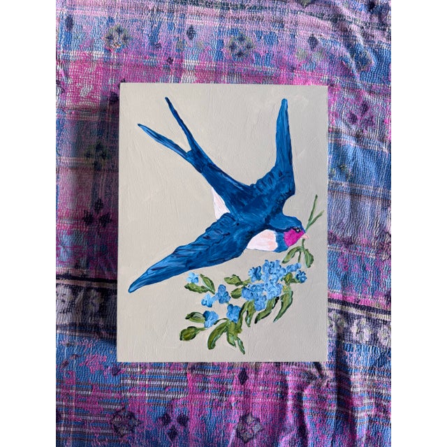 Contemporary Contemporary “Love Letters in Flight: Floral Courier” by Dorothy Collier - Original Acrylic Painting on Board 12x16” Bird Flying With Flowers Wall Art For Sale - Image 3 of 7