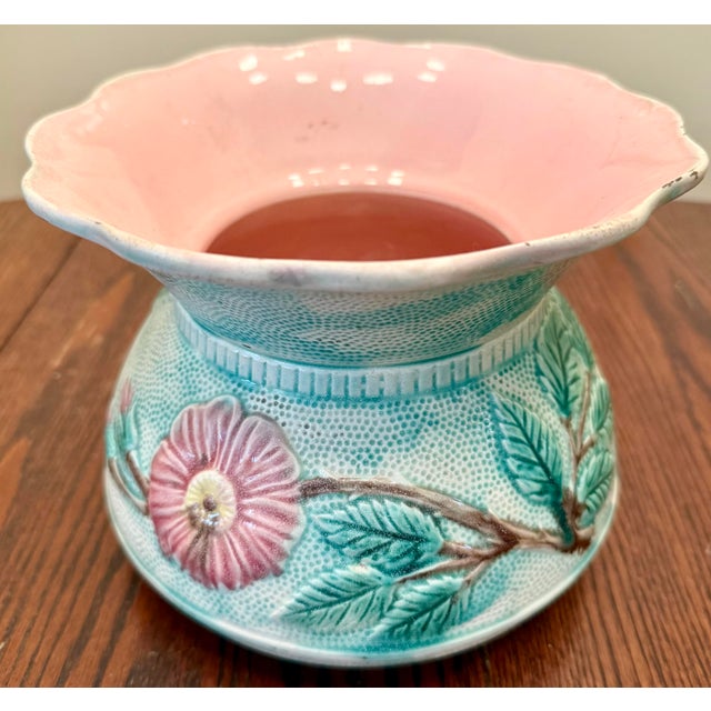 Late 19th Century Antique Majolica Ceramic Cuspidor Planter Cachepot With Floral Motifs For Sale - Image 5 of 12