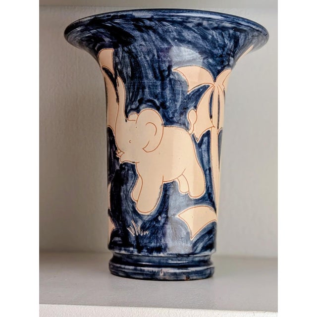 Ceramic Vintage Humlebaek Vase Featuring Incised Elephants and Palm Trees For Sale - Image 7 of 9