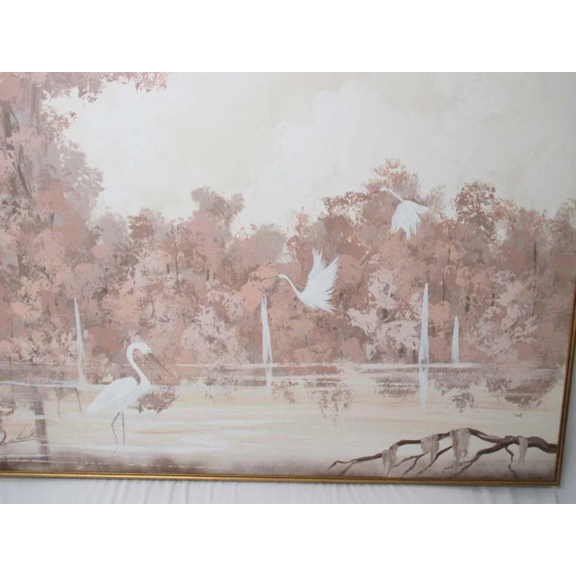 Beautiful oversized tropical acrylic painting on canvas signed by the artist in bottom left corner. Painting has a gold...