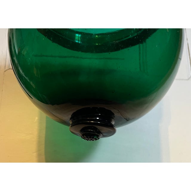 Large antique 19th century American Federal emerald green blown glass bell jar hall lantern with tall witch's hat smoke...