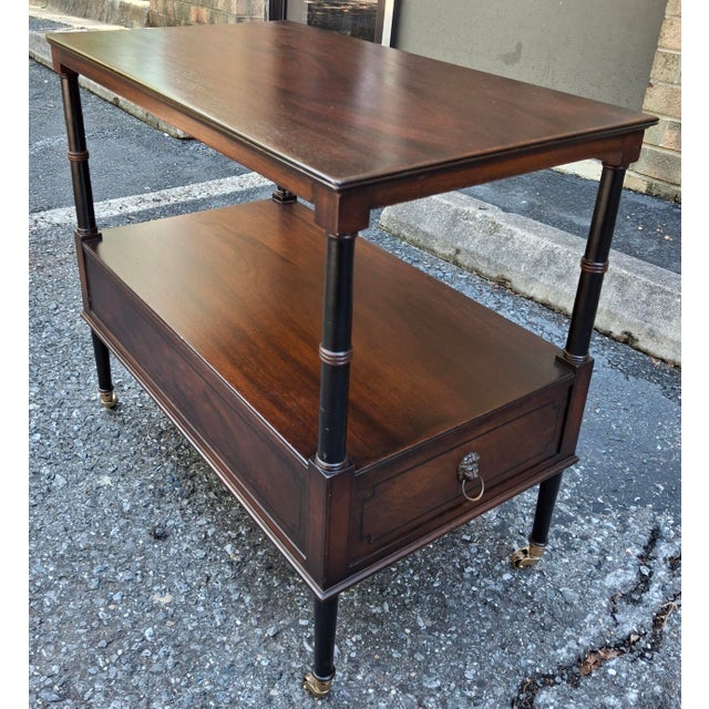 Restored Beacon Hill Collection Inlaid Mahogany Tiered Rolling Side Table For Sale - Image 16 of 16