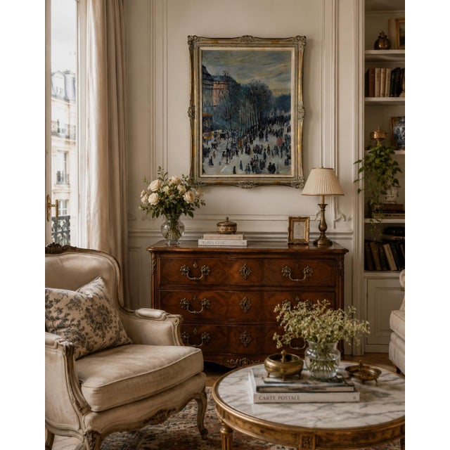 Beautiful vintage Impressionist-style oil on canvas depicting a bustling Parisian boulevard lined with trees, elegant...
