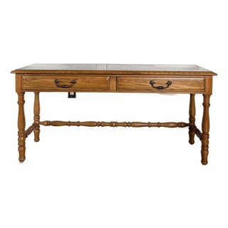 Vintage American Drew Oak Parquet Top Console Sofa Table With Turned Legs For Sale