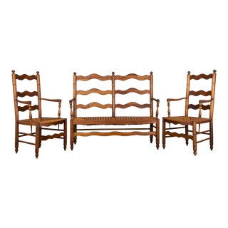 Antique Country French Provincial Ladder Back Rush Seat Loveseat W/ Two Armchairs - Set of 3 For Sale