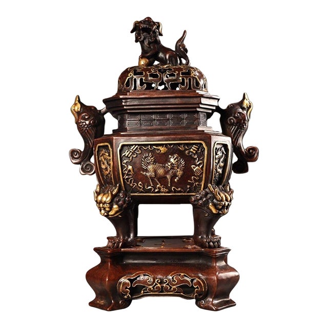 Late 20th Century Gilt Bronze Hexagonal Incense Burner With Qilin and Dragon Motifs For Sale