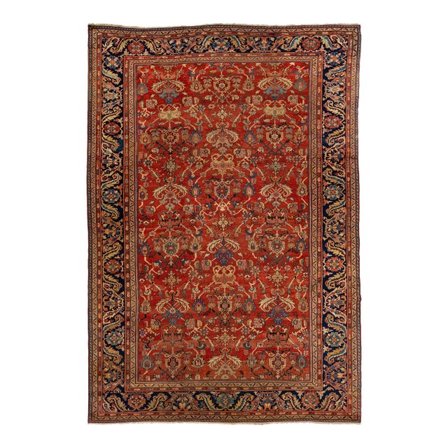 1880s Antique Floral Persian Sultanabad Wool Rug in Red For Sale