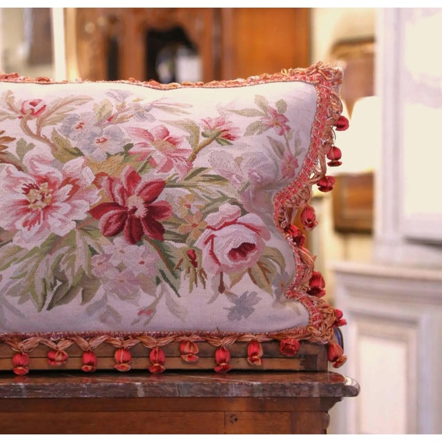 Pair of French Aubusson Floral Tapestry Pillows With Tassel Trim For Sale - Image 4 of 8
