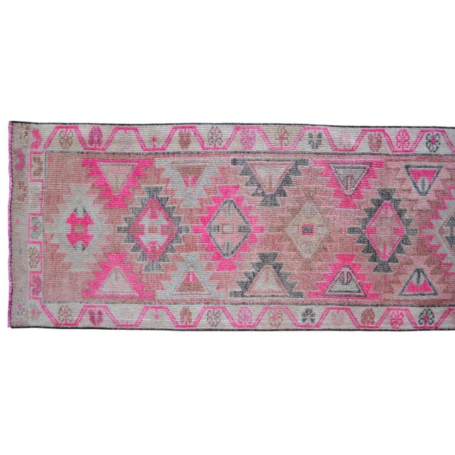 1970s Hand-Knotted Turkish Runner Rug Tribal Narrow Long Runner - Sun Faded Shaved Pile - 2′2″ × 13′ For Sale - Image 9 of 13