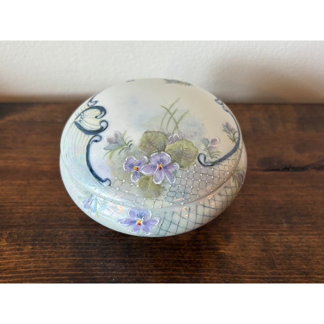 Romantic Victorian round domed box with pretty violets and lattice motif. Signed by artisan, Vi Goddard; Vi was often a...