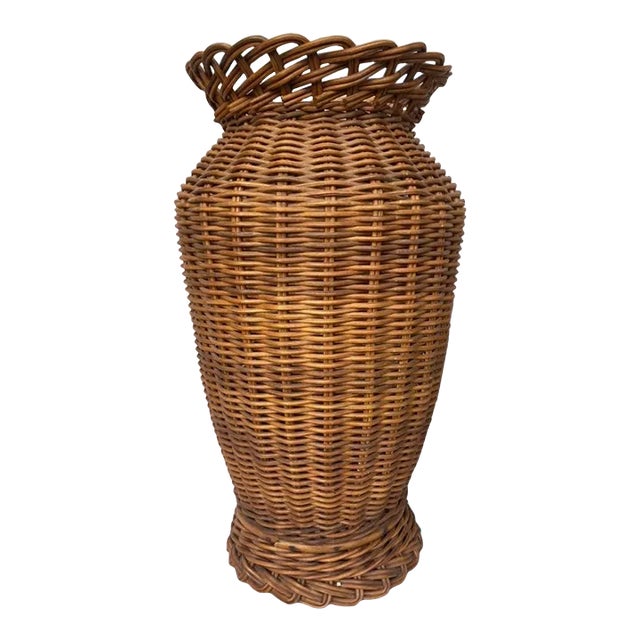 Large French Mid-Century Wicker Vase For Sale