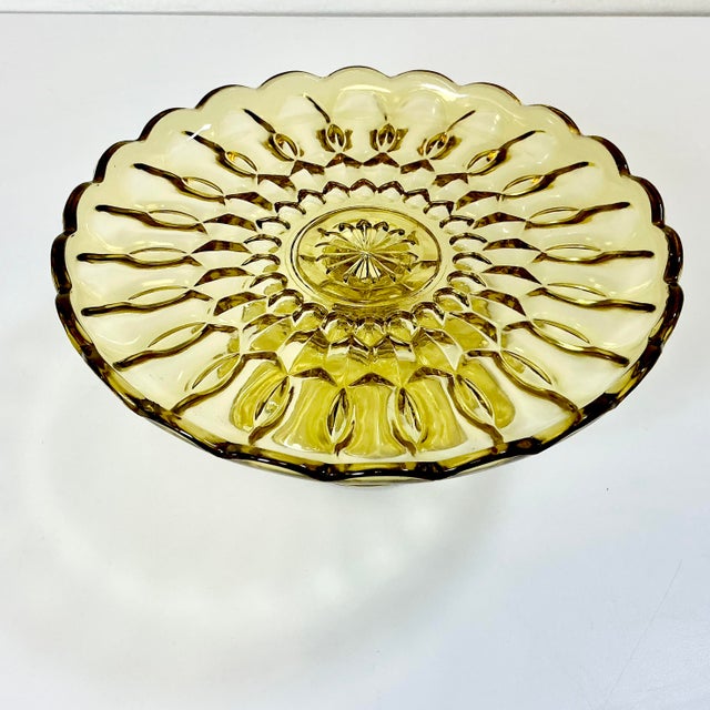 1940s 1940s Art Deco Boho Chic Hollywood Regency Indiana Glass Depression Yellow Cake Stand For Sale - Image 5 of 11