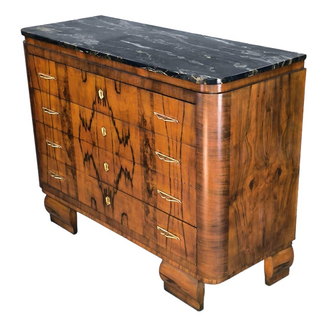 Art Deco Walnut Burl Chest of Drawers with Black Marble Top, 1940s For Sale