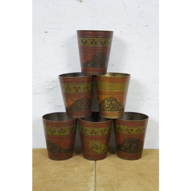 Mid 20th Century Indian Etched Brass Peacock Bird Bar Tray, Cups, Tophy Urn & Candlesticks Set- 10 Pieces For Sale - Image 12 of 14