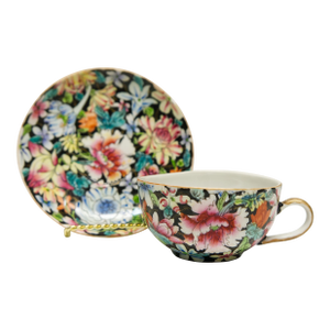 Qing Dynasty Chinese Famille Noire Porcelain Milefleur Teacup & Saucer Set