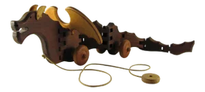 Scandinavian Style Articulated Hinged Wood Dragon With Wings on Wheels Pull Toy