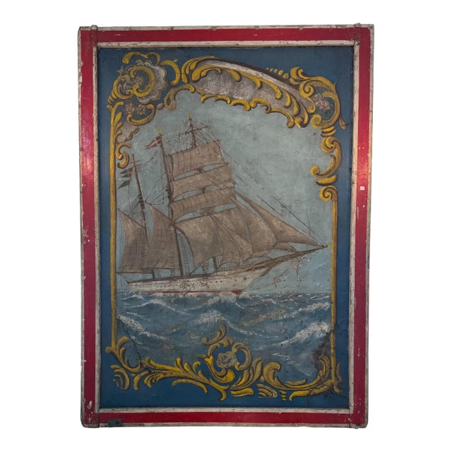 1940s English Merry-Go-Round Center Panel – Large Scale Nautical Oil Painting on Masonite For Sale