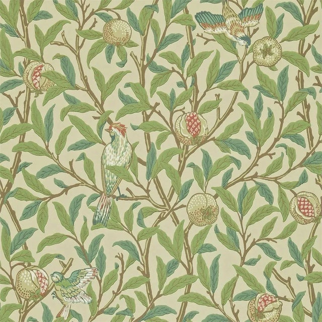 This delightful wallpaper design shows birds swooping perching and pecking amidst branches of foliage and pomegranate...