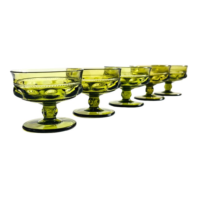 Indiana Glass Kings Crown Green Coupe Glasses - Set of 5 For Sale